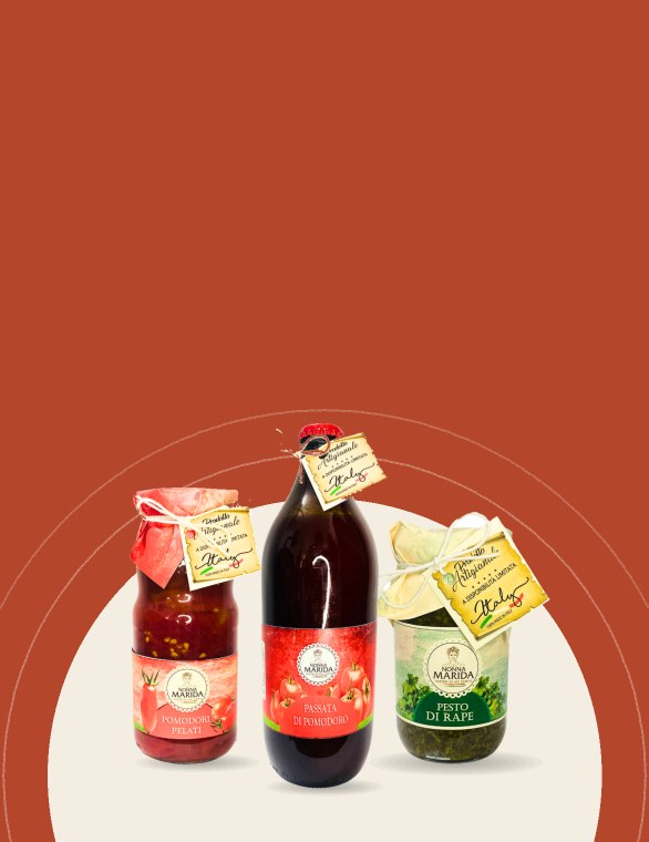 Sosy i przetwory Nonna Marida: pomodori pelati, passata di pomodoro i pesto di rape